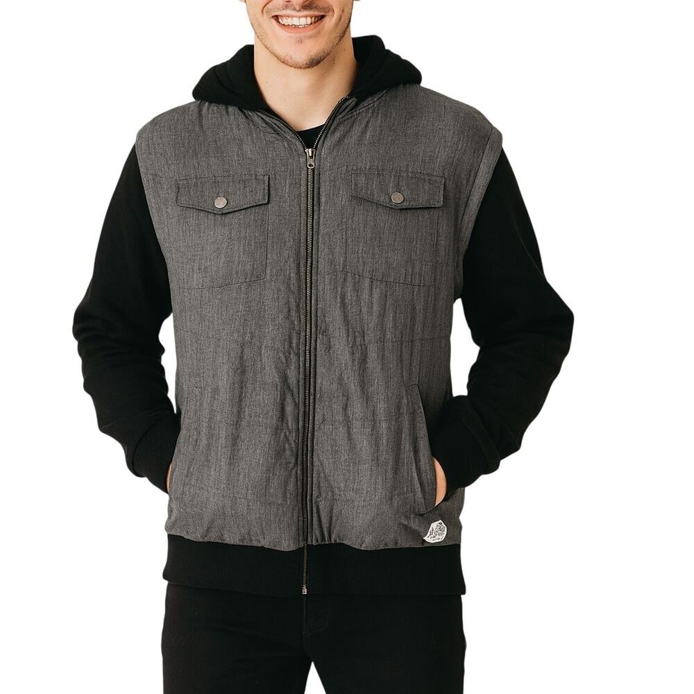 Buckle Society of the Sun Landslide Jacket Black Gray Hooded Large Y2K Street